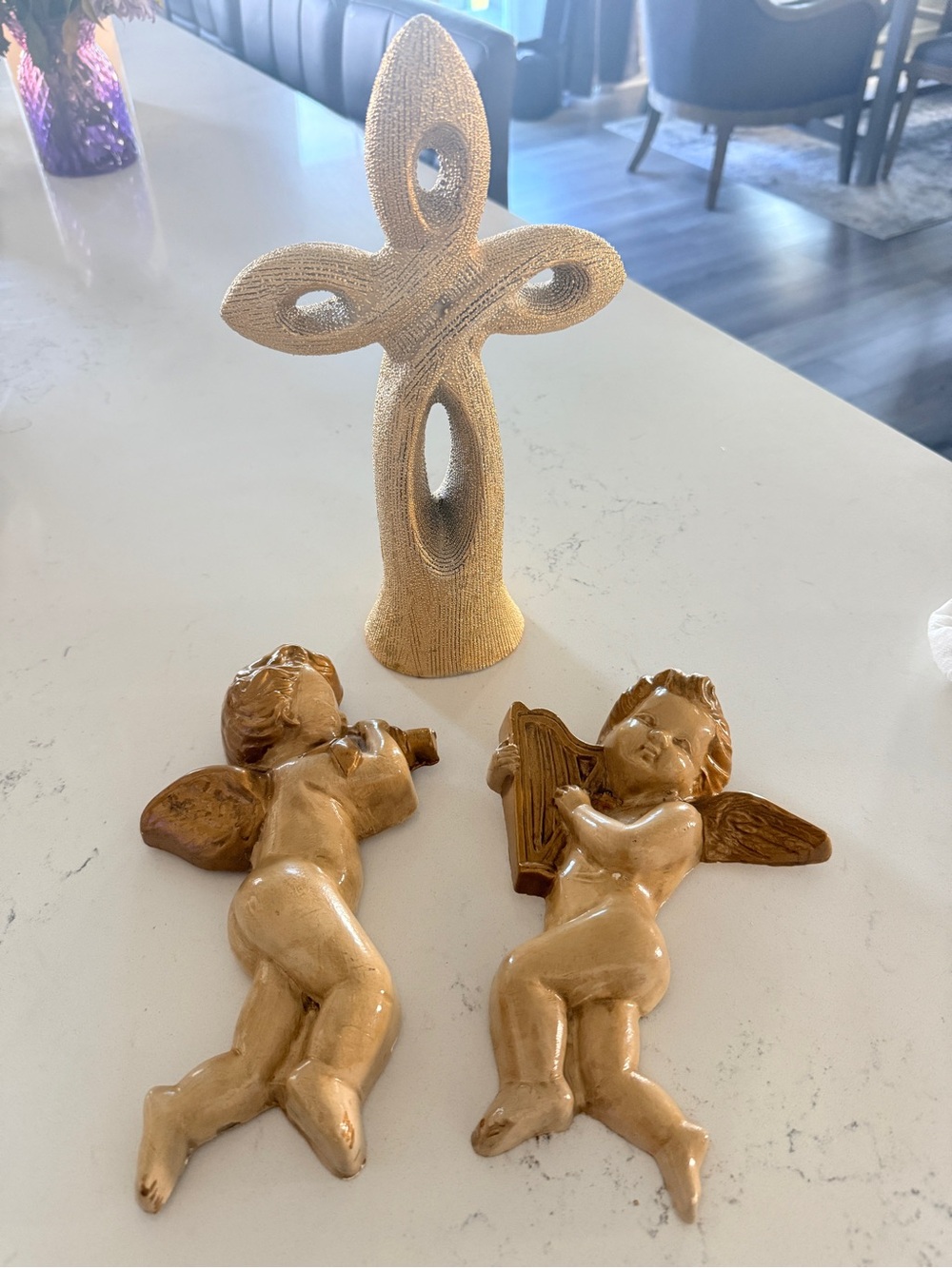 Gold Cherub Wall Sculptures with Textured Cream Cross Accent